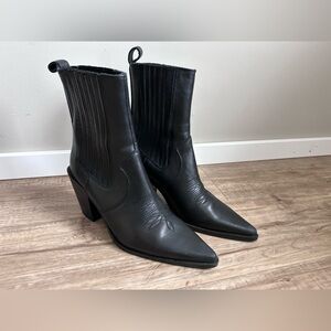 Zara Black Pointed Toe black leather Western Ankle Boots Women cowgirl country
